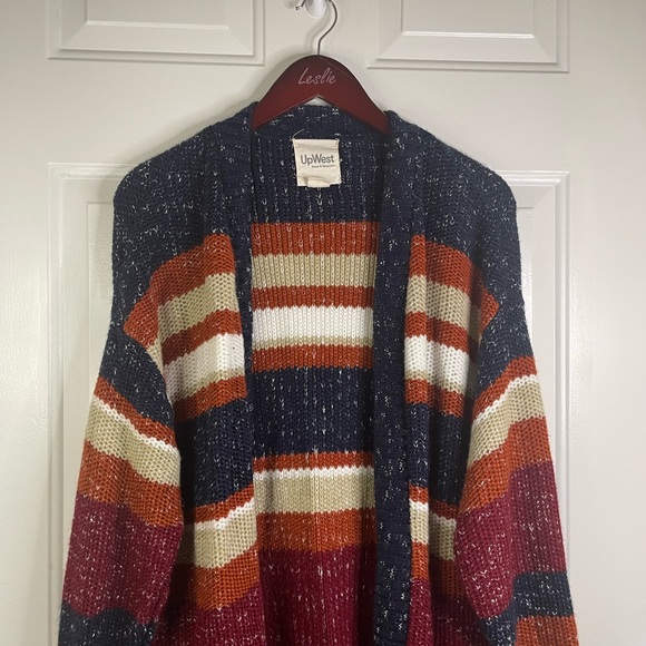 Upwest knitted multi color striped open front sweater cardigan. - Picture 4 of 9